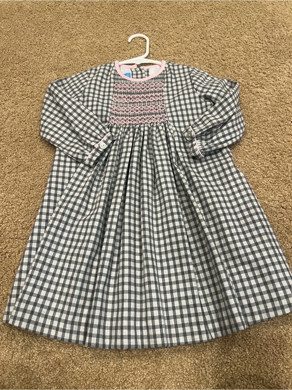 Girls Gray Gingham Smocked Dress with Pink Accents